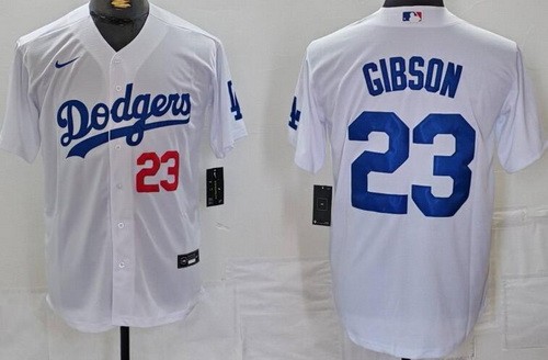 Men's Los Angeles Dodgers #23 Kirk Gibson White Player Numbe Team Logo Cool Base Jersey