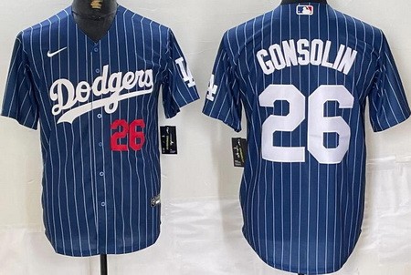 Men's Los Angeles Dodgers #26 Tony Gonsolin Blue Stripes Player Nunber Cool Base Jersey