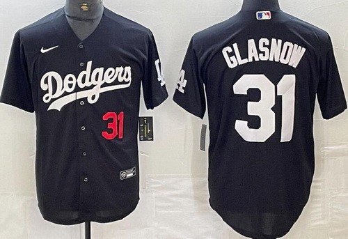 Men's Los Angeles Dodgers #31 Tyler Glasnow Black Player Number Team Logo Cool Base Jersey