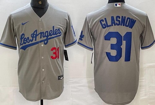Men's Los Angeles Dodgers #31 Tyler Glasnow Gray Alternate Player Number Team Logo Cool Base Jersey