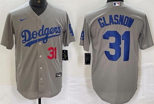 Men's Los Angeles Dodgers #31 Tyler Glasnow Gray Player Number Team Logo Cool Base Jersey