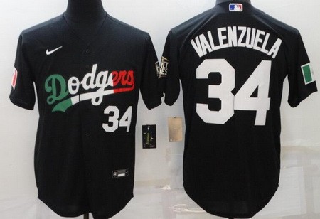 Men's Los Angeles Dodgers #34 Fernando Valenzuela Black Geeen White Red Mexican World Series Cool Base Jersey