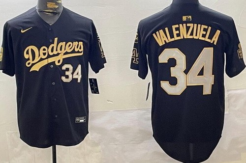 Men's Los Angeles Dodgers #34 Fernando Valenzuela Black Gold 2024 World Series Fernando Patch Limited Jersey