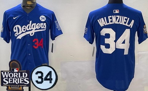 Men's Los Angeles Dodgers #34 Fernando Valenzuela Blue Blue Fernando Patch 2024 World Series Limited Jersey