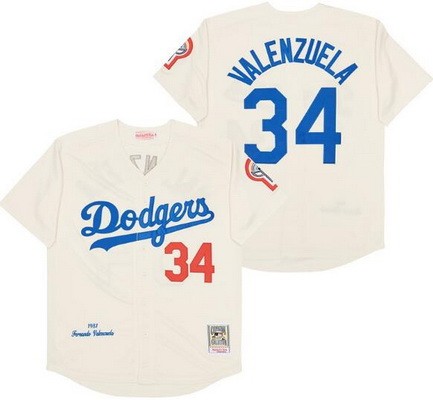 Men's Los Angeles Dodgers #34 Fernando Valenzuela Cream 1981 Throwback Jersey