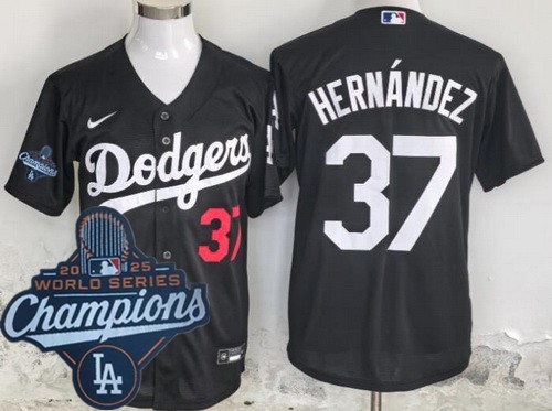 Men's Los Angeles Dodgers #37 Teoscar Hernandez Black 2025 World Series Champions Cool Base Jersey