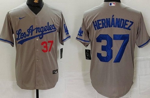 Men's Los Angeles Dodgers #37 Teoscar Hernandez Gray Alternate Player Numbe Team Logo Cool Base Jersey
