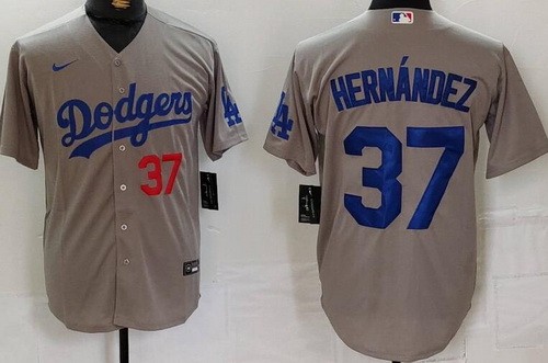 Men's Los Angeles Dodgers #37 Teoscar Hernandez Gray Player Numbe Team Logo Cool Base Jersey