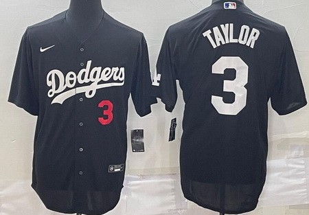 Men's Los Angeles Dodgers #3 Chris Taylor Black Red Number Cool Base Jersey