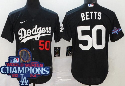 Men's Los Angeles Dodgers #50 Mookie Betts Black 2024 World Series Champions Cool Base Jersey