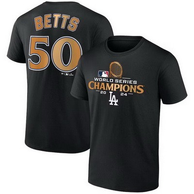 Men's Los Angeles Dodgers #50 Mookie Betts Black 2024 World Series Champions T Shirt