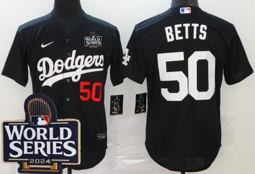 Men's Los Angeles Dodgers #50 Mookie Betts Black 2024 World Series Cool Base Jersey