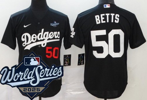 Men's Los Angeles Dodgers #50 Mookie Betts Black 2025 World Series Cool Base Jersey