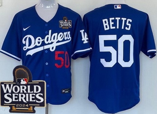 Men's Los Angeles Dodgers #50 Mookie Betts Blue 2024 World Series Authentic Jersey