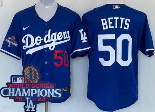 Men's Los Angeles Dodgers #50 Mookie Betts Blue 2024 World Series Champions Authentic Jersey