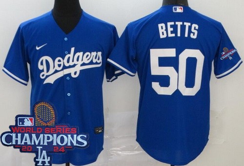 Men's Los Angeles Dodgers #50 Mookie Betts Blue 2024 World Series Champions Cool Base Jersey