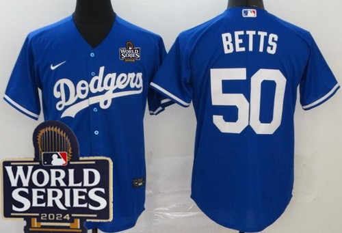 Men's Los Angeles Dodgers #50 Mookie Betts Blue 2024 World Series Cool Base Jersey