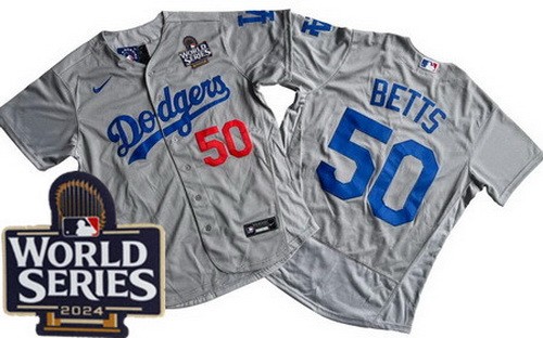 Men's Los Angeles Dodgers #50 Mookie Betts Gray 2024 World Series Authentic Jersey