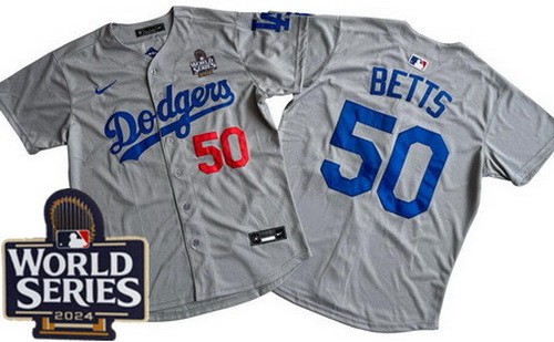 Men's Los Angeles Dodgers #50 Mookie Betts Gray 2024 World Series Limited Jersey