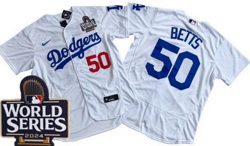 Men's Los Angeles Dodgers #50 Mookie Betts White 2024 World Series Authentic Jersey