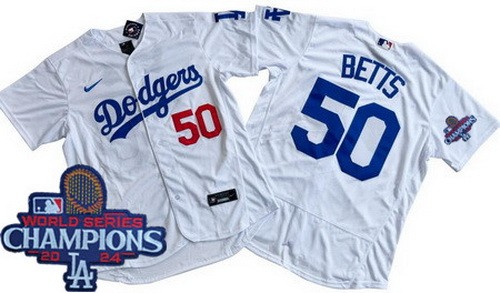 Men's Los Angeles Dodgers #50 Mookie Betts White 2024 World Series Champions Authentic Jersey