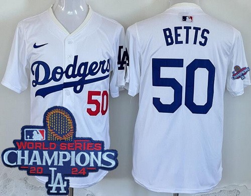 Men's Los Angeles Dodgers #50 Mookie Betts White 2024 World Series Champions Limited Jersey