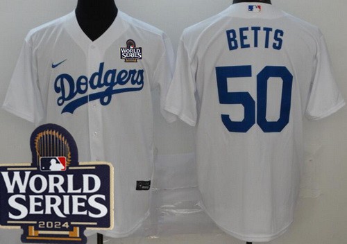 Men's Los Angeles Dodgers #50 Mookie Betts White 2024 World Series Cool Base Jersey