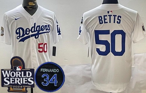 Men's Los Angeles Dodgers #50 Mookie Betts White 2024 World Series Fernando Patch Limited Jersey