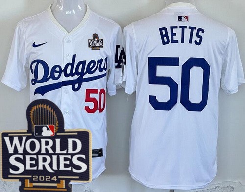 Men's Los Angeles Dodgers #50 Mookie Betts White 2024 World Series Limited Jersey