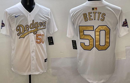 Men's Los Angeles Dodgers #50 Mookie Betts White 2025 Gold Collection Limited Jersey
