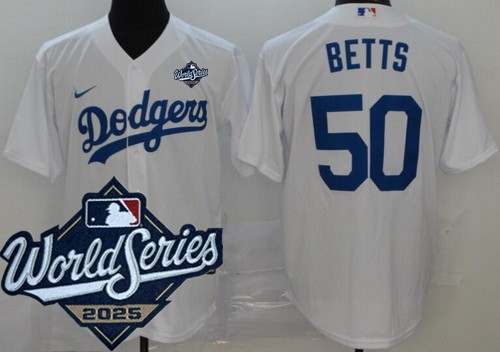 Men's Los Angeles Dodgers #50 Mookie Betts White 2025 World Series Cool Base Jersey
