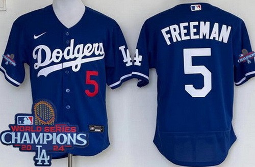 Men's Los Angeles Dodgers #5 Freddie Freeman Blue 2024 World Series Champions Authentic Jersey