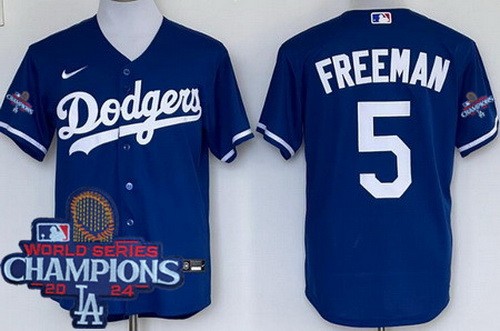 Men's Los Angeles Dodgers #5 Freddie Freeman Blue 2024 World Series Champions Cool Base Jersey