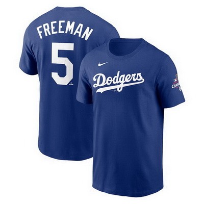 Men's Los Angeles Dodgers #5 Freddie Freeman Blue 2024 World Series Champions T Shirt