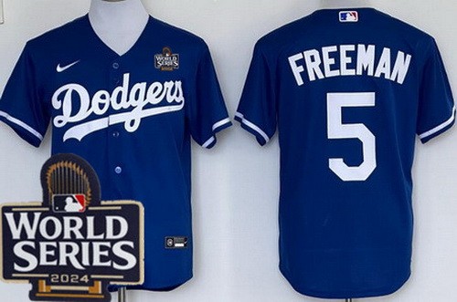 Men's Los Angeles Dodgers #5 Freddie Freeman Blue 2024 World Series Cool Base Jersey