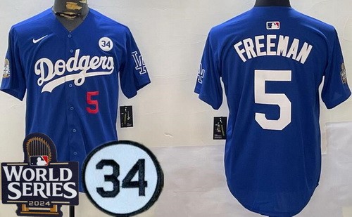 Men's Los Angeles Dodgers #5 Freddie Freeman Blue Fernando Patch 2024 World Series Limited Jersey