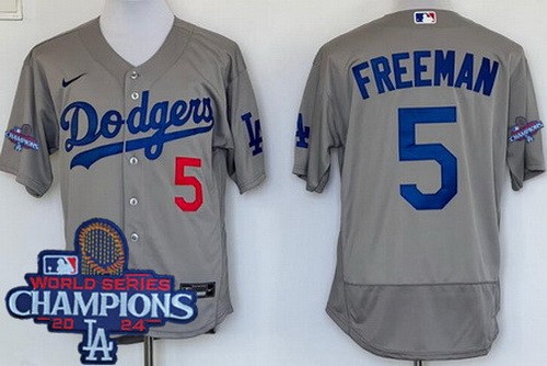 Men's Los Angeles Dodgers #5 Freddie Freeman Gray 2024 World Series Champions Authentic Jersey