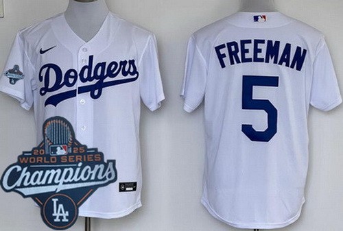 Men's Los Angeles Dodgers #5 Freddie Freeman White 2025 World Series Champions Cool Base Jersey