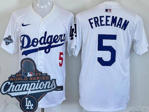 Men's Los Angeles Dodgers #5 Freddie Freeman White 2025 World Series Champions Limited Jersey