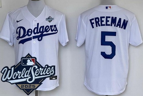 Men's Los Angeles Dodgers #5 Freddie Freeman White 2025 World Series Cool Base Jersey