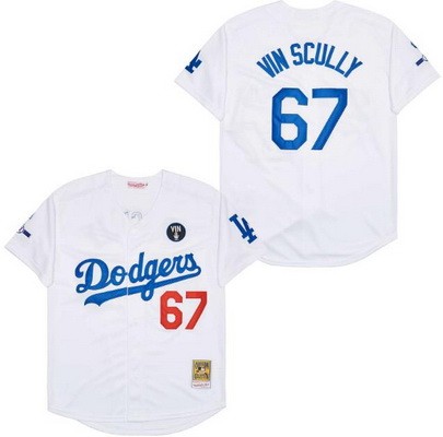 Men's Los Angeles Dodgers #67 Vin Scully White Throwback Jersey