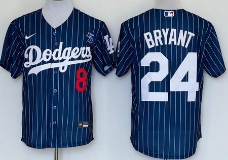 Men's Los Angeles Dodgers #8#24 Kobe Bryant Blue Stripes Red Number Cool Base Jersey