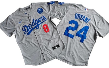 Men's Los Angeles Dodgers #8#24 Kobe Bryant Gray Cool Base Jersey