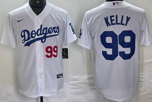 Men's Los Angeles Dodgers #99 Joe Kelly White Player Number Team Logo Cool Base Jersey