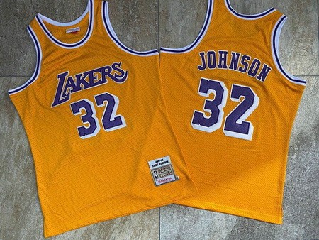 Men's Los Angeles Lakers #32 Magic Johnson Yellow 1984 Throwback Authentic Jersey