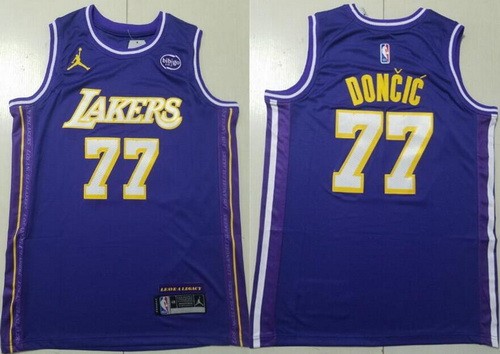 Men's Los Angeles Lakers #77 Luka Doncic Purple 2025 Statement Sponsor Swingman Jersey