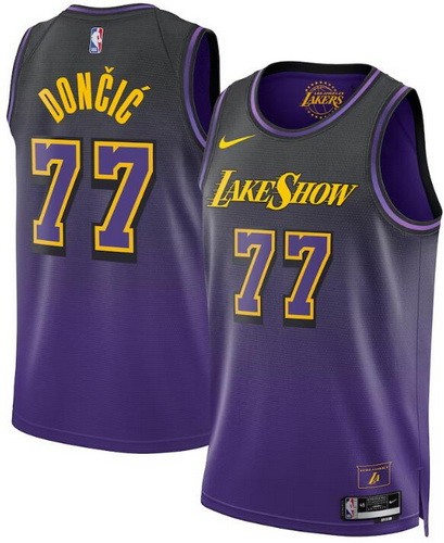 Men's Los Angeles Lakers #77 Luka Doncic Purple Heat Press Jersey