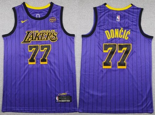 Men's Los Angeles Lakers #77 Luka Doncic Purple Stripes Sponsor Swingman Jersey