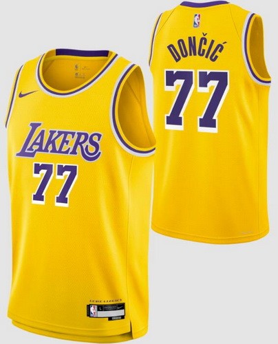 Men's Los Angeles Lakers #77 Luka Doncic Yellow Heat Press Jersey