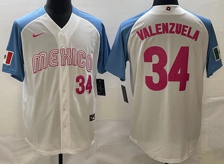 Men's Mexico #34 Fernando Valenzuela White Blue Player Number 2023 World Baseball Classic Cool Base Jersey